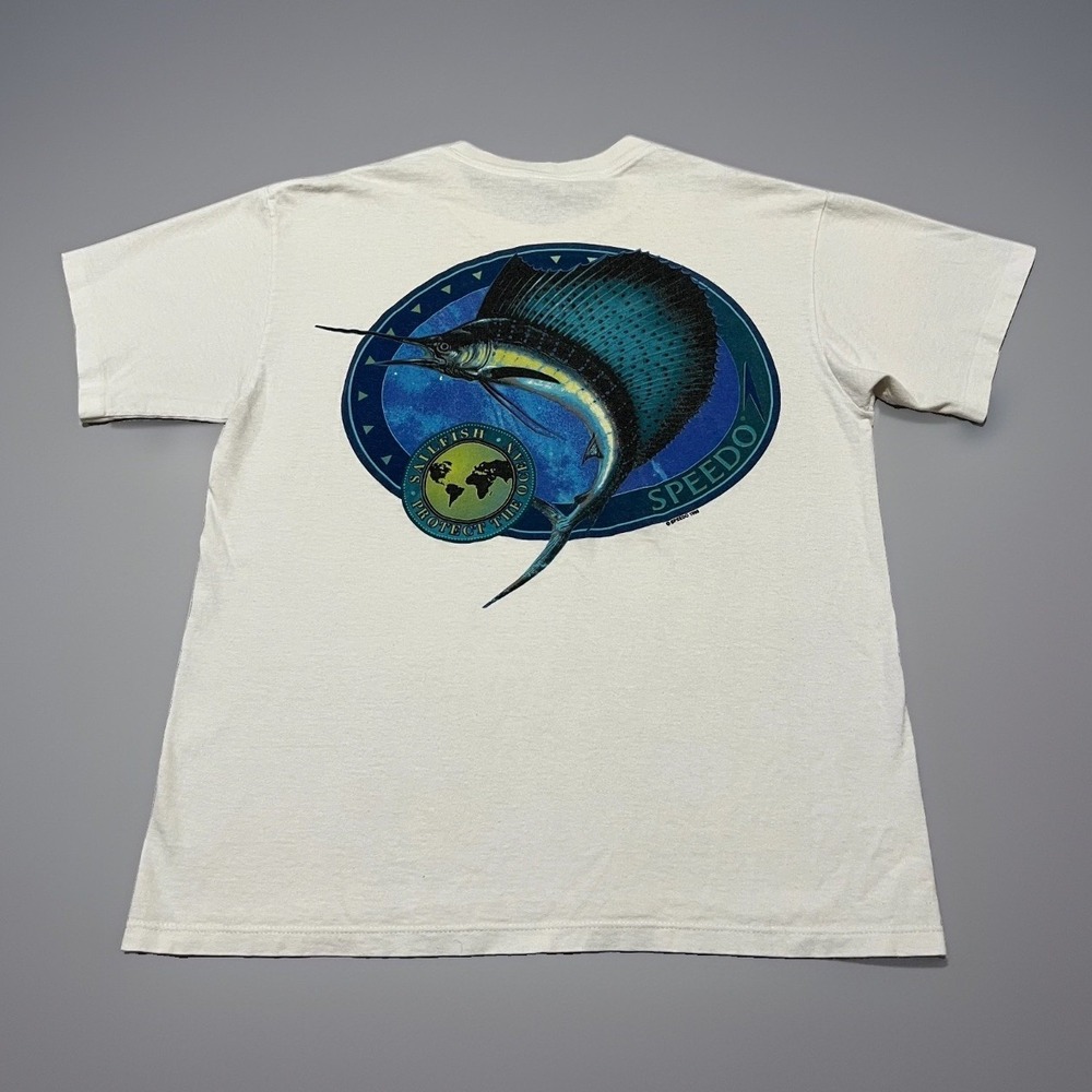 Vintage 1996 Speedo Mens White Sailfish Protect The Ocean Graphic T-Shirt Size L